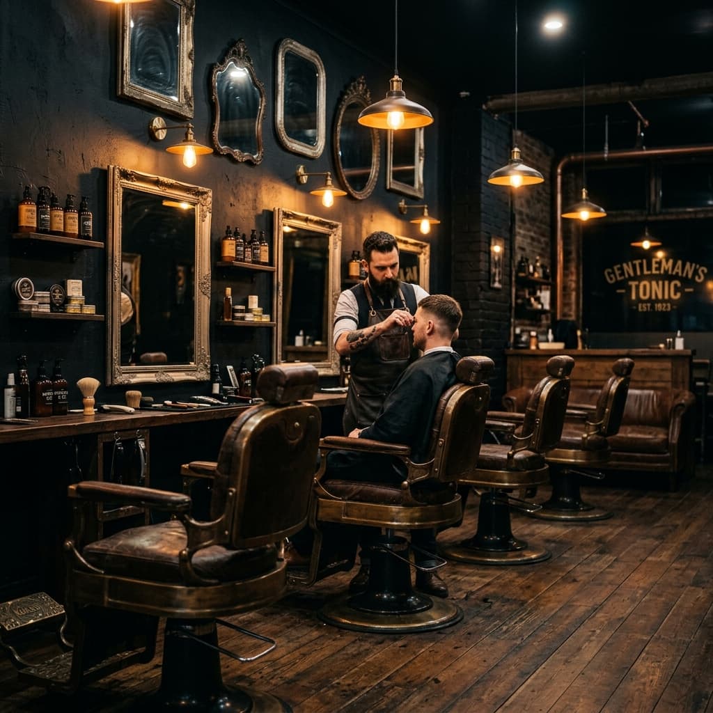 Dark moody barbershop interior
